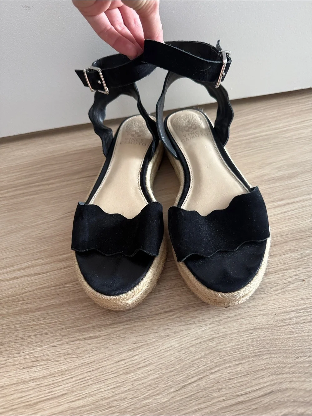 Vince Camuto Black Suede Scalloped Espadrille Sandals
